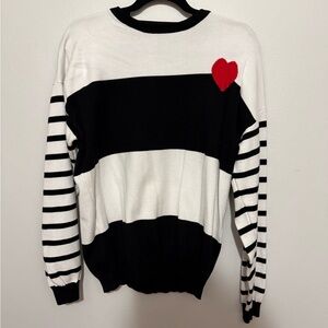 Black and White Striped Sweater with Red Heart Woman XXL